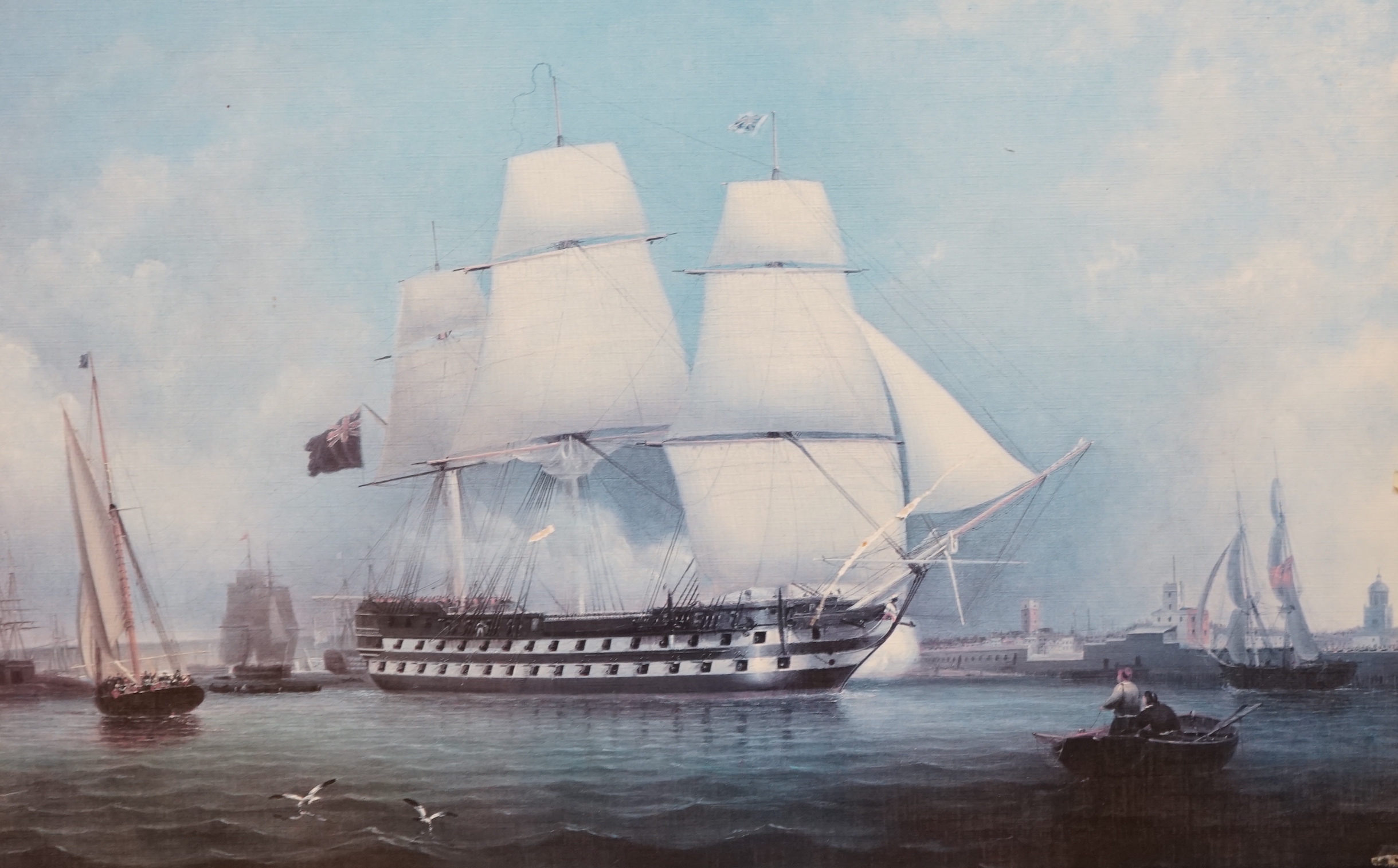 Lieutenant Robert Strickland Thomas, R.N (1787-1853), modern oleograph print, 'HMS Revenge', 44 x 70cm